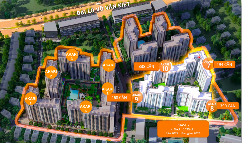 Vị trí các block Phase 1 của Dự án căn hộ Akari City.